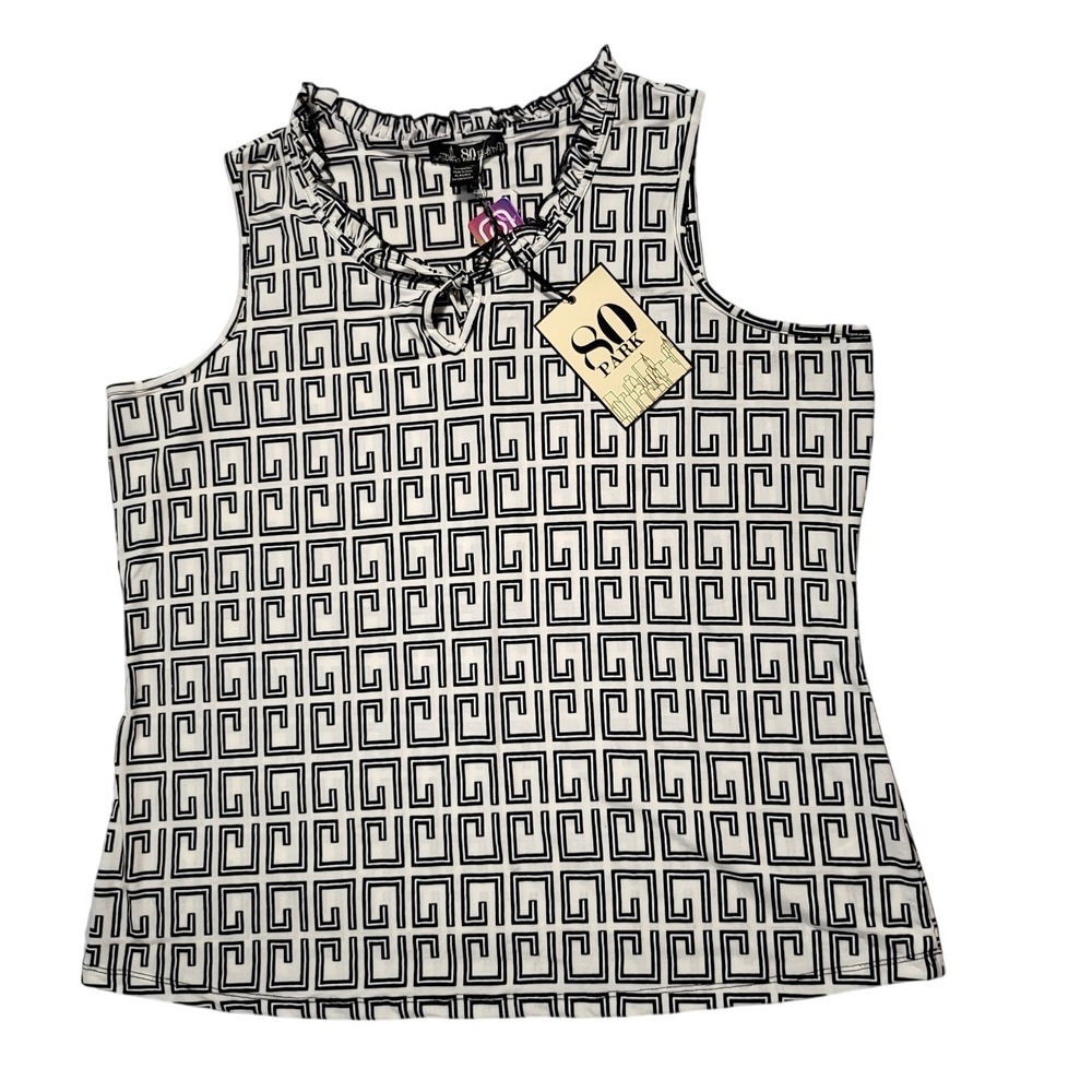 80 Park Sleeveless Top Geometric Print Ruffle Neck Keyhole Blouse 1X